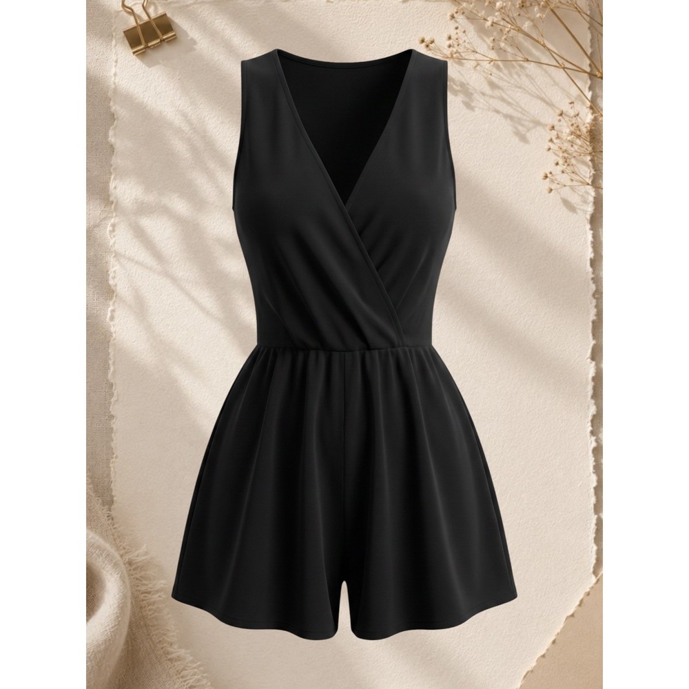 Pixi + Ivy Black Sleeveless Wrap V-Neck Elastic Waist Romper Small